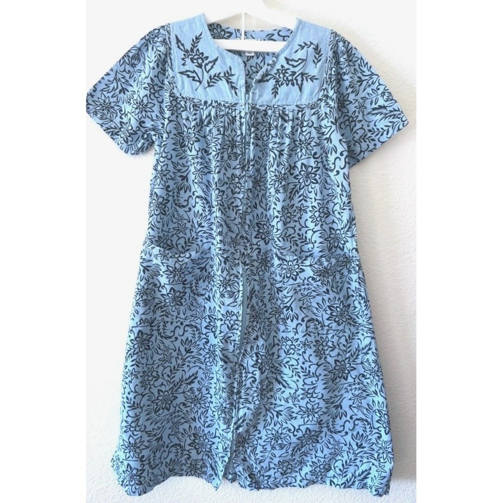 Go Softly Blue Floral Zip-Front Patio House‎ Dress VTG Cottagecore Loungewear XS